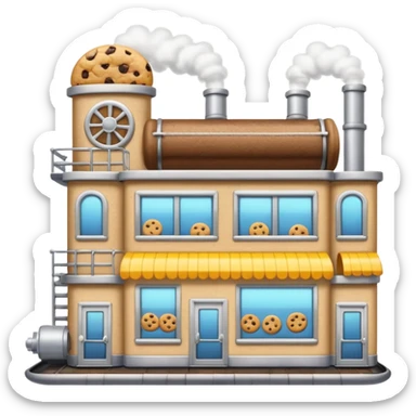 Exterior of a cartoon-style cookie factory, large front window showing conveyor belt with cookies, steam vents on the roof, metal pipes wrapping around the building, emoji-style sticker
