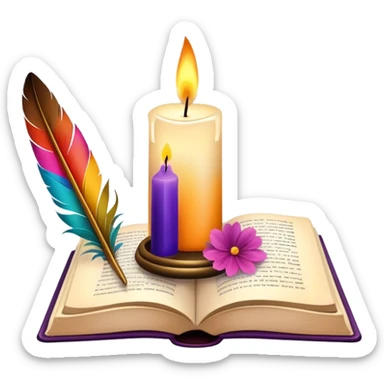 Aesthetic candle, feather quill in ink glass, open book, flower petals sticker