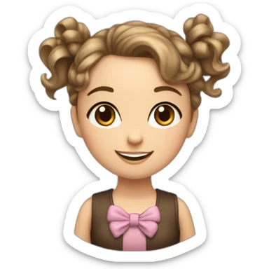 White girl, with wavy hair and two bows on top with two bows. Dark brown eyes and dimpled smile sticker
