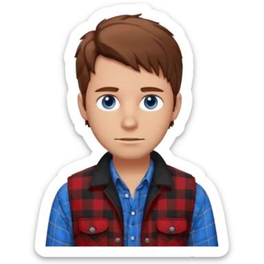 Hombre de pelo castaño y revuelto ojos azules muy atractivo camisa de franela y chaleco sticker