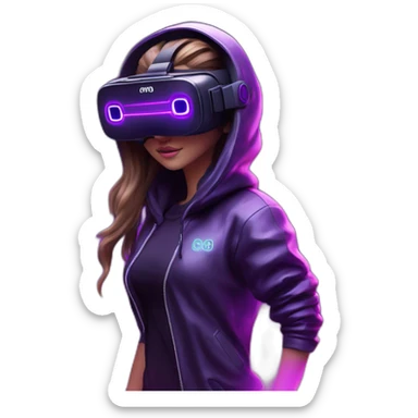 Create a 3D model of a Russian girl wearing a black "OMG" hoodie and VR headset in a cyberpunk VR environment with violet neon lighting. sticker