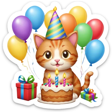 Ginger tabby kitten celebrates birthday, birthday hat, birthday cake, one candle, balloons, happy, gifts sticker
