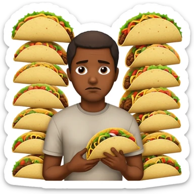 African American man sad in front of a wall with tacos sticker
