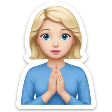 Girl Blonde short wavy hair,  blue eyes, cute blue top, long lashes, pink lips, praying hands sticker