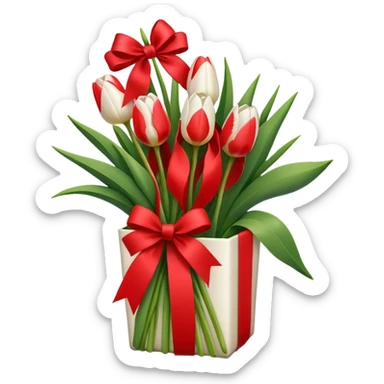 White tulips in case, with a red ribbon sticker