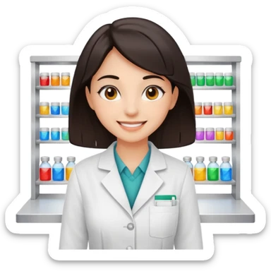 smiling girl pharmacist with dark hair and dark eyes, standing behind a counter, sunny sparkling expression sticker