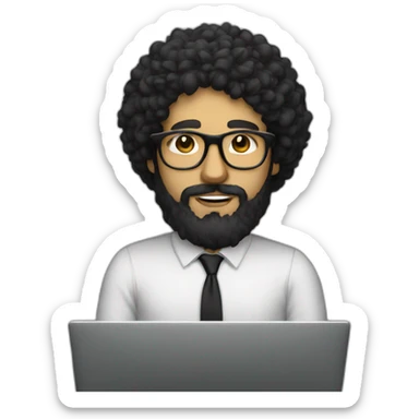 men with black curly hair and beard and golden glasses work hard on computer sticker
