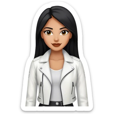 beautiful fit woman, with long straight black hair, with make up, black eye liner, smile mooth close, mexican, brown skin, wearing casual white outfit and leather black jacket, flirting sticker