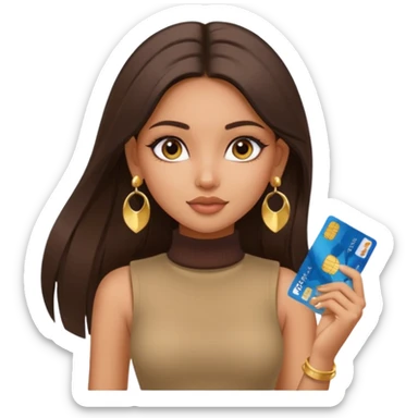 a pretty bratz fair indian girl wearing a beige sleeveless turtleneck, golden earrings, straight ling hair, holding bank cards, dark brown hair sticker