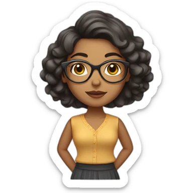 Indian woman with wavy hair wearing glasses and a small folded skirt sticker
