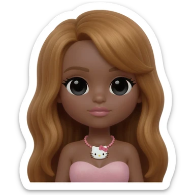 hello kitty necklace, doll eyes, Doll, big chest, dark brown skin, long honey brown hair, black cute eyes, pink bows with cute lips sticker