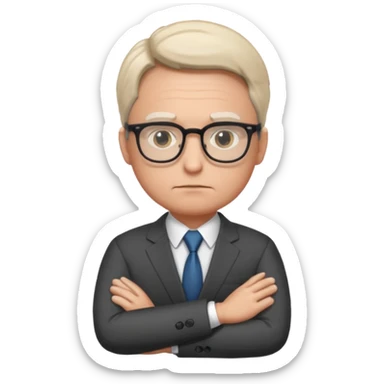 Illustrate Gus in a business suit with glasses, hands folded & serious gaze. sticker