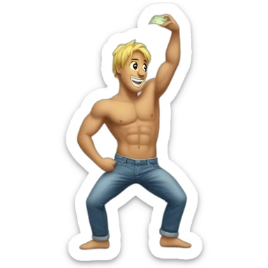 Shirtless guy dancing under raining money  sticker