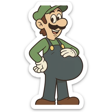 Luigi from Mario, pregnant, smiling, standing, cartoon style sticker