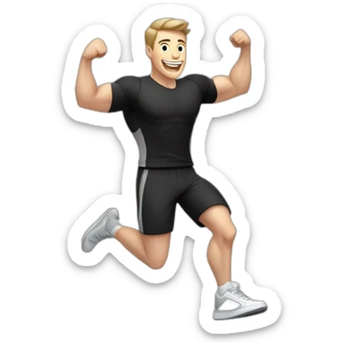 Joyful Celebrating victory Pale skinned Fit Man With the biceps and dark brown hair in black shirt, gray sports shorts and white Sneakers sticker