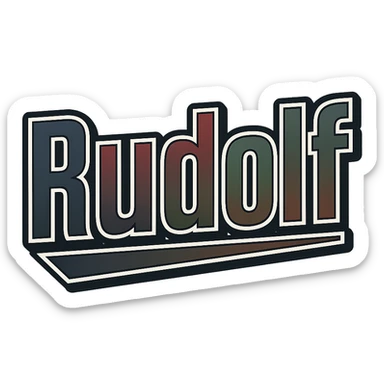 Text image of the name 'Rudolf' in a masculine, modern, gradient font with precise Hungarian characters, dark contour, extra thick, prominent white border as in sample images, dynamic slanted underline, masculine color shades (blue, gray, burgundy, green, brown), 1000x1000 px, PNG, transparent background. sticker