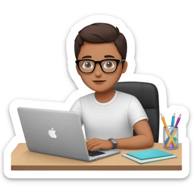 designer with tan skin and square glasses using a laptop, creative workspace sticker