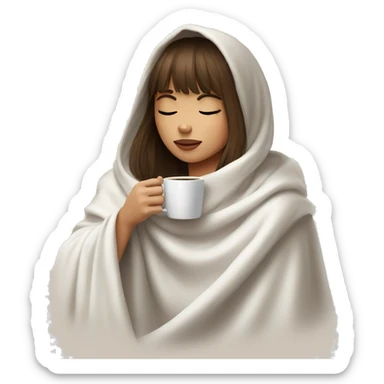 girl with long brown hair with bangs inside a white blanket sipping coffee eyes closed sticker