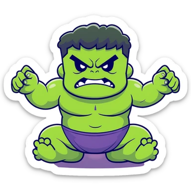Hulk calming down, green superhero transitioning from angry to peaceful, breathing deeply, meditation pose, relaxing expression sticker