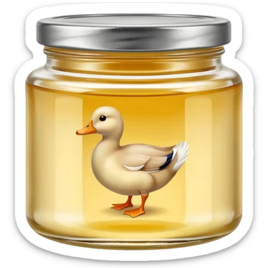 small squat glass jar of pale yellow duck fat with a metal lid, creamy layer visible, no label or extras, soft lighting, subtle shadows, emoji scale sticker