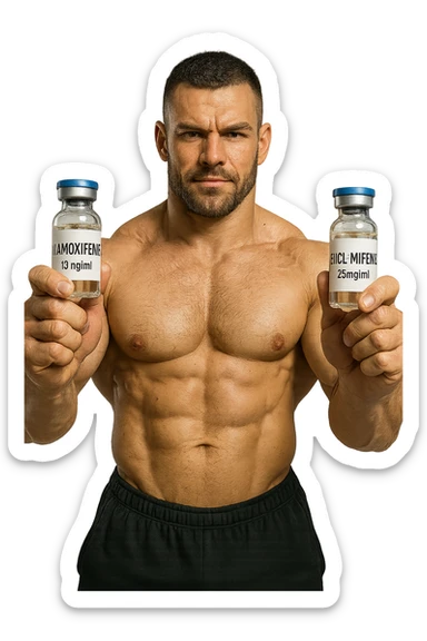 bodybuilder tiene una fiala medica con la scritta "TAMOXIF€NE" NELLA MANO DESTRA E UNA FIALA CON LA SCRITTA €NCL*MIFENE" NELLA MANO SINISTRA sticker