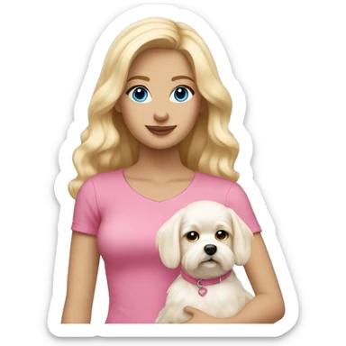 Girl with light skin, blonde waves hair,blue eyes , wearing in pink top.  hold on Maltese dog sticker