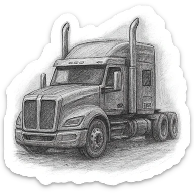 Render the 2026 Kenworth T680 Flattop truck in a pencil sketch style, with soft graphite shading, hand drawn texture, black with chrome stacks, transparent background. sticker