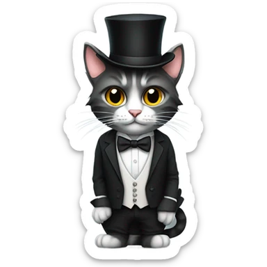 Cat with a top hat wearing a suit and tie and black ripped jeans with a fluffy tail and sharp claws and fingerless white gloves  sticker