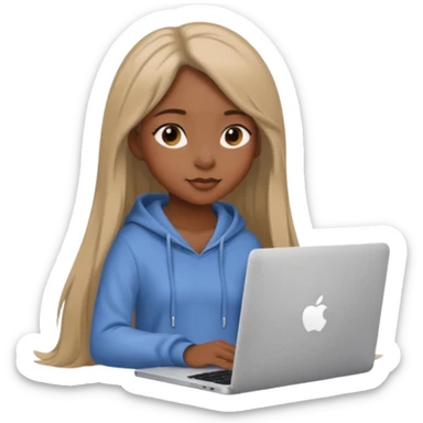 cute black girl with long straight hair, sitting at an Apple laptop, wearing light soft aesthetic clothing sticker