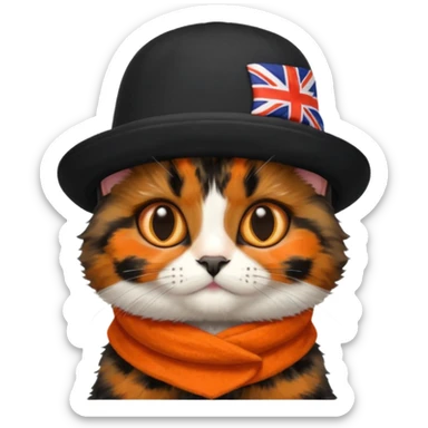 Cute mostly black tortoiseshell kitten wearing a british hat sticker