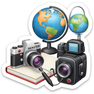 An icon showing a microphone, a notepad, and a camera, symbolizing journalism. The design includes a globe in the background, representing global news, and a breaking news banner for emphasis. Transparent background highlights the dynamic world of media and reporting. sticker
