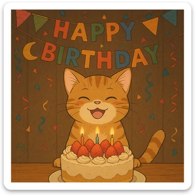 ginger tabby kitten with birthday cake, festive decorations, happy expression, ghibli style birthday scene sticker