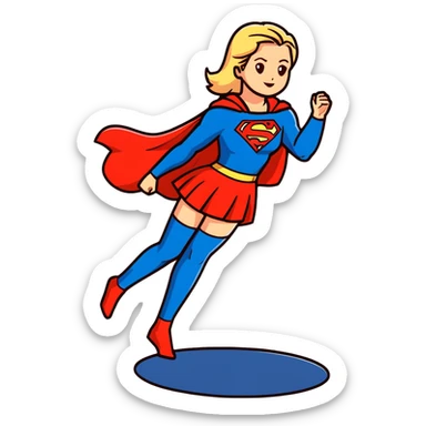 Supergirl in classic costume, full body view showing blue tights, red skirt, and cape with S symbol sticker