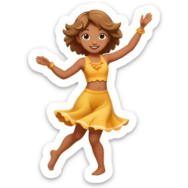 Dancing cartoon character on a sunny beach with sunlight highlighting them, playful pose, ocean waves in background sticker