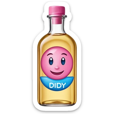 Smiling bottle of oil blue top pink outside with logo that says diddy oil sticker