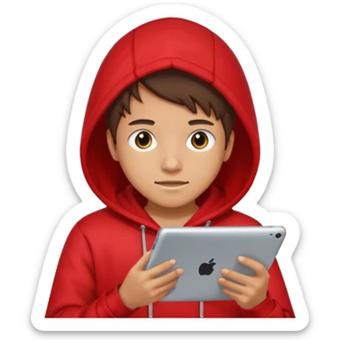 Teen gaming on tablet, red hoodie sticker