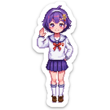 Pixel art anime girl with short bright purple hair wearing Japanese sailor style school uniform, composed posture with hand on hip but shyly waving with other hand, blushing face and timid smile, very shy expression sticker