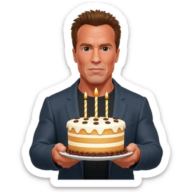 Arnold Schwarzenegger holding his birthday cake with chocolate chip on to it sticker