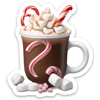 A hot chocolate with a candy cane and some marshmallows with some whipped cream sticker