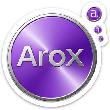 A purple coin spinning in the air. On the front side of the coin, the word 'Arox' is written in large, modern, and shiny letters. Just below 'Arox', in smaller size and simple font, it says 'WEB | SCRIPT | SITE'. The background is dark, with cinematic lighting highlighting the coin’s shine. sticker