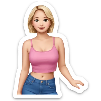 jennifer lawrence, pink crop top, and blue jeans, leaning on a balcony with a harbor and cityscape in the background, smiling sticker