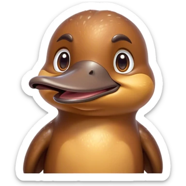 Cinematic Cute Platypus Portrait Emoji, Head tilted playfully and inquisitively, featuring a glossy brown fur with a charming, flat duckbill and round, sparkling eyes brimming with quirky wonder, Simplified yet irresistibly adorable features, highly detailed, glowing with a warm, friendly glow, high shine, affectionate and whimsical, stylized with a touch of aquatic playfulness, bright and endearing, soft glowing outline, capturing the essence of a mischievous yet lovable platypus, so playful it feels like it could waddle out of the screen into your arms! sticker