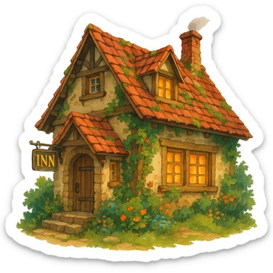 ghibli style of a cozy house representing lodging sticker