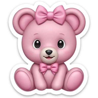A cute pink teddy bear emoji style, soft plush texture, big round eyes, a sweet smile, wearing a large bow on its head. The bow is pastel pink or white, and the teddy looks cuddly and friendly. Minimalist emoji-style design, clear outlines, centered, white background."
 sticker