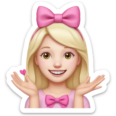 smiling emoji with a pink bow on head and hand placed on the teeth sticker