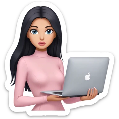 Glamours, tanned, very beautiful girl, with big pump peach-beige-rose lips, black straight smooth silky long hair, straight parting hair, blue-grey eyes, in light-pink bodysuit holding MacBook sticker