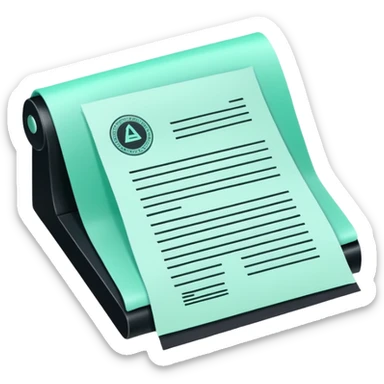 Commande Publique (Public Procurement), 3D techy icon with black and mint green (#B5F4D3) color scheme, contract document with official stamp sticker