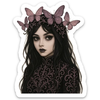 elegant emo girl, gothic filigree, butterfly crown in matte pink and purple, dark hair, mysterious vibe sticker