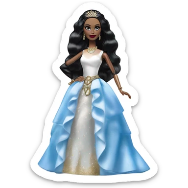 Tall realistic face teen Morticia Addams’s in as Princess Leia Barbie in ruffled pearl-white and blue informal ball gown with gold accents and accessories  sticker