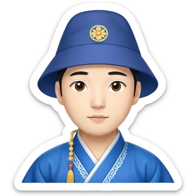 young man wearing a blue hanbok and traditional Korean Gat hat sticker